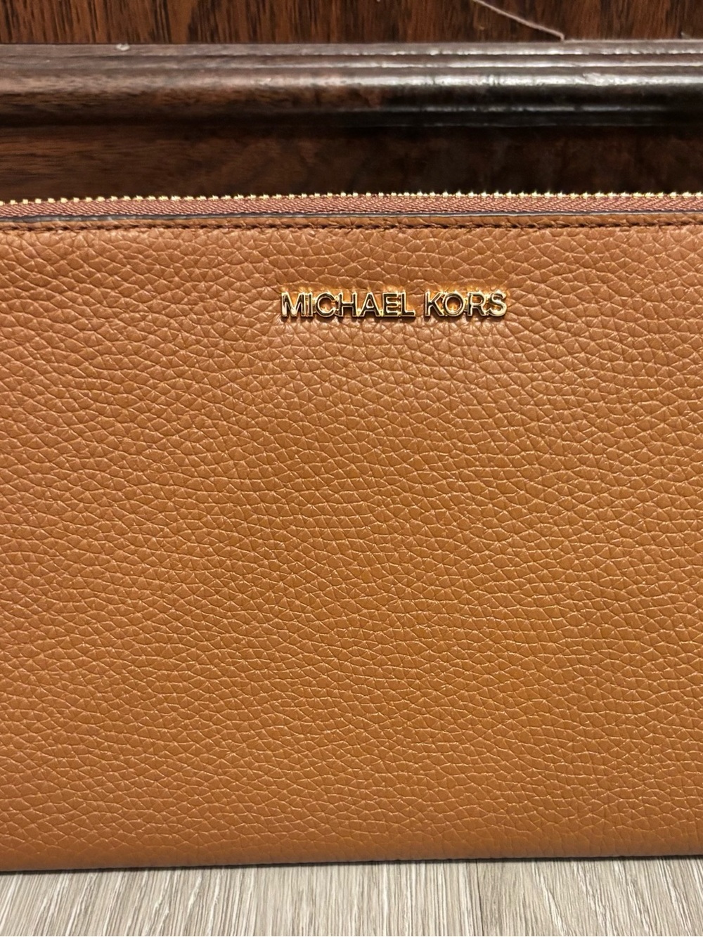 Michael Kors Tan Pebbled Leather Zip Pouch with Gold Logo